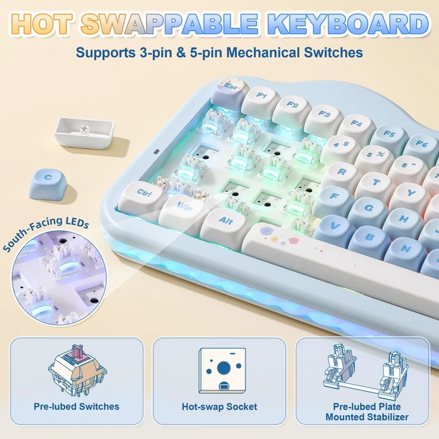 Alt view image 4 of 7 - C75 Cute 75% Wireless Mechanical Keyboard (Blue, Milk V2 Switch) | Creamy Cake Keyboard, BT5.0/2.4G/USB-C, Hot-Swap, NKRO, PBT MOA Keycaps,5500mAh RGB Gasket Mount for Mac/Win/Gaming/Office