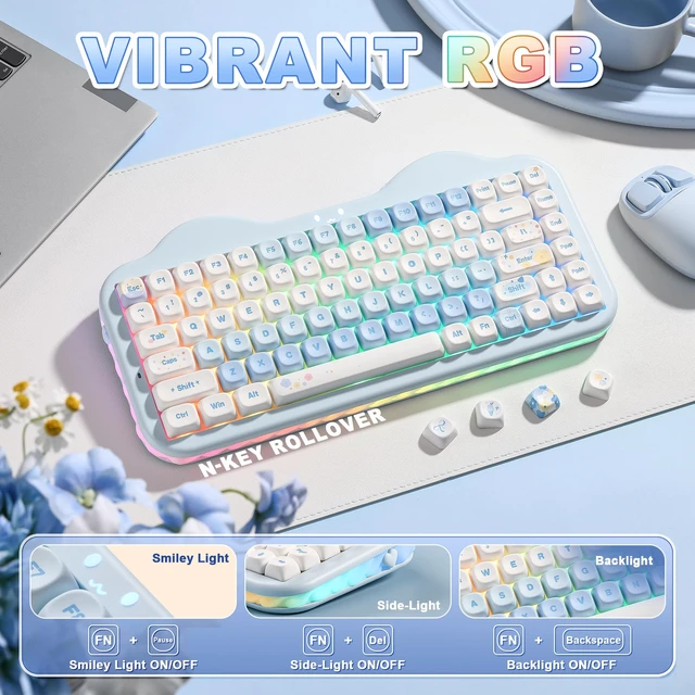 Alt view image 6 of 7 - C75 Cute 75% Wireless Mechanical Keyboard (Blue, Milk V2 Switch) | Creamy Cake Keyboard, BT5.0/2.4G/USB-C, Hot-Swap, NKRO, PBT MOA Keycaps,5500mAh RGB Gasket Mount for Mac/Win/Gaming/Office