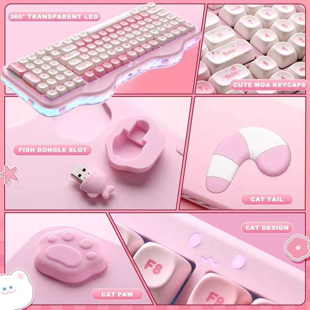 Alt view image 7 of 7 - C98 Cute Cake Wireless Mechanical Keyboard (Pink, Milk Switch) | 99 Keys with Number Pad, Hot Swap, PBT MOA Keycaps, BT5.0/2.4G/USB-C, Gasket Mount, Custom RGB Backlit for Win/Mac