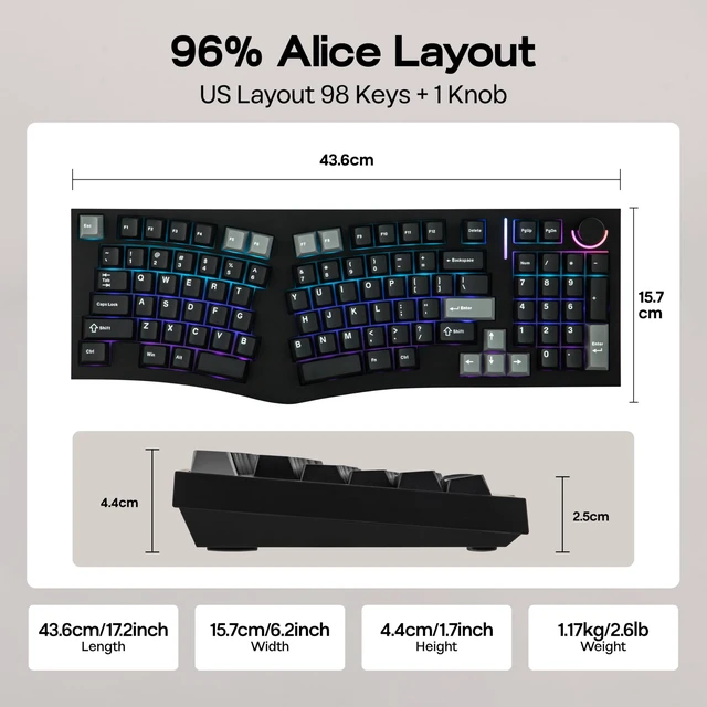 Alt view image 3 of 6 - Feker Alice98 Ergonomic 98 Keys Custom Mechanical Keyboard | VIA Programmable, USB-C Wired Gaming Keyboard, Hot Swappable, 5 Layer Paddings, Control Knob, NKRO, RGB for Win/Mac (Black)