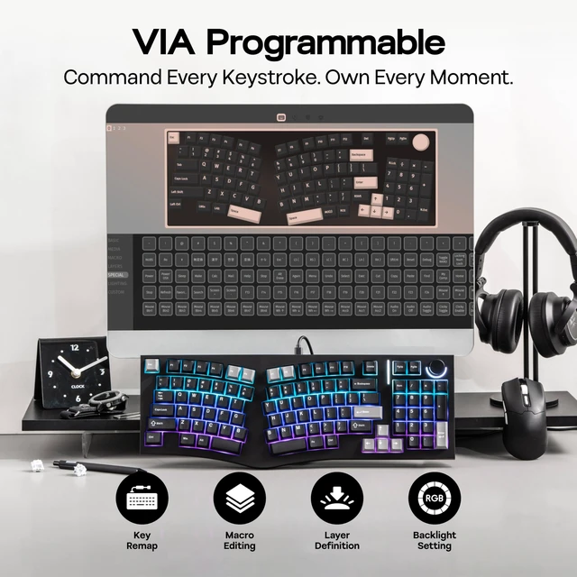 Alt view image 4 of 6 - Feker Alice98 Ergonomic 98 Keys Custom Mechanical Keyboard | VIA Programmable, USB-C Wired Gaming Keyboard, Hot Swappable, 5 Layer Paddings, Control Knob, NKRO, RGB for Win/Mac (Black)