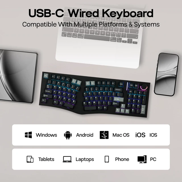 Alt view image 6 of 6 - Feker Alice98 Ergonomic 98 Keys Custom Mechanical Keyboard | VIA Programmable, USB-C Wired Gaming Keyboard, Hot Swappable, 5 Layer Paddings, Control Knob, NKRO, RGB for Win/Mac (Black)