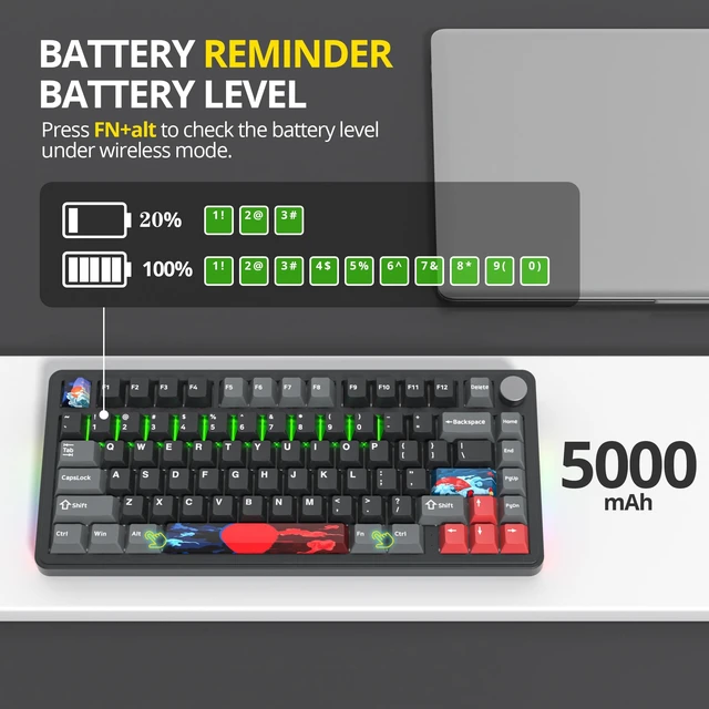 Alt view image 5 of 6 - M75 75% Wireless Creamy Keyboard with Gasket, Pre-lubed Triple Mode Bluetooth Mechanical Gaming Keyboard BT5.0/2.4Ghz/USB with Sound Absorbing Pads Hot-Swap(Shadow Red)