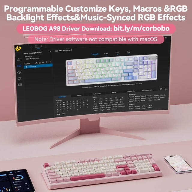 Alt view image 7 of 7 - A98 Wireless Mechanical Pink Creamy Keyboard with Number Pad Knob | 96% Tri-Mode BT5.0/2.4GHz/USB-C, Gasket Structure Hot Swappable, PBT Keycaps, RGB Backlit Cute Keyboard for PC/Office/Gaming
