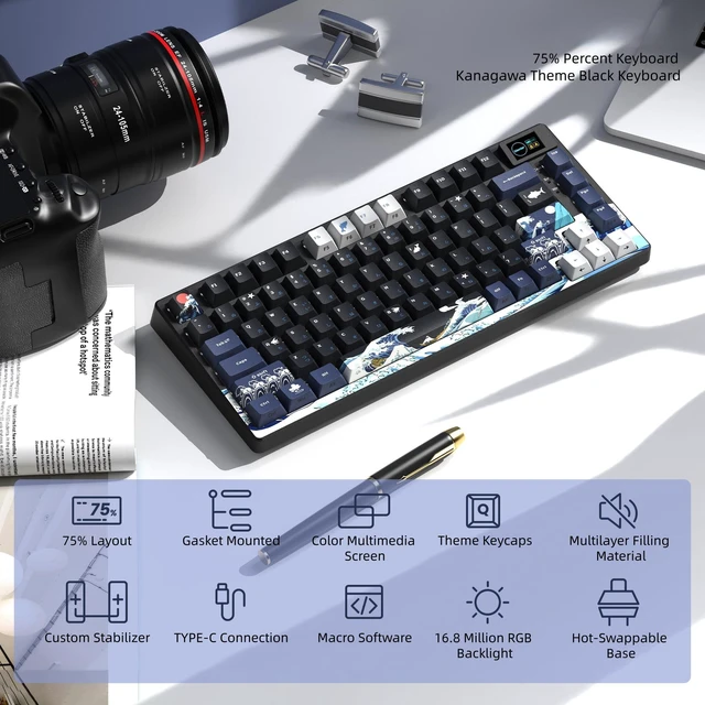 Alt view image 6 of 6 - SK80 75% Keyboard with Color Multimedia Display Gaming Keyboard | Creamy Sound Mechanical Wired Hot Swappable Gasket RGB Custom Key board, Pre-lubed Stabilizer for Mac/Win, Black Kanagawa