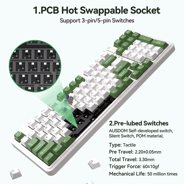 Alt view image 4 of 7 - 98Pro Silent Mechanical Keyboard, Wireless Hot Swappable Gaming Keyboard with Backlit,Gasket Structure,Pre-lubed Tactile Switches,2.4GHz/Type-C/Bluetooth Custom Keyboards (Green & White-Silent)