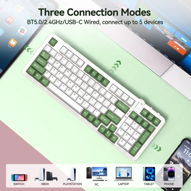 Alt view image 2 of 7 - 98Pro Silent Mechanical Keyboard, Wireless Hot Swappable Gaming Keyboard with Backlit,Gasket Structure,Pre-lubed Tactile Switches,2.4GHz/Type-C/Bluetooth Custom Keyboards (Green & White-Silent)