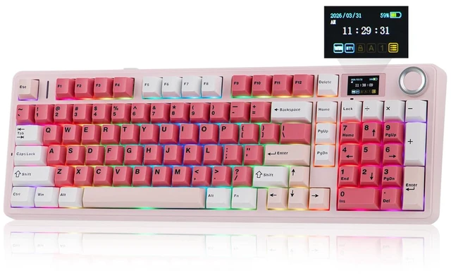 Main image of Aula F99 MAX Wireless Mechanical Keyboard, Smart Screen & Knob | 8000mAh, 2.4Ghz/BT Creamy Keyboard, Pre-Lubed Switch, Hot-Swappable, RGB Backlit, Custom Software (Pink)