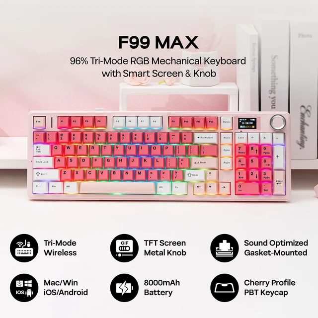 Alt view image 2 of 7 - Aula F99 MAX Wireless Mechanical Keyboard, Smart Screen & Knob | 8000mAh, 2.4Ghz/BT Creamy Keyboard, Pre-Lubed Switch, Hot-Swappable, RGB Backlit, Custom Software (Pink)