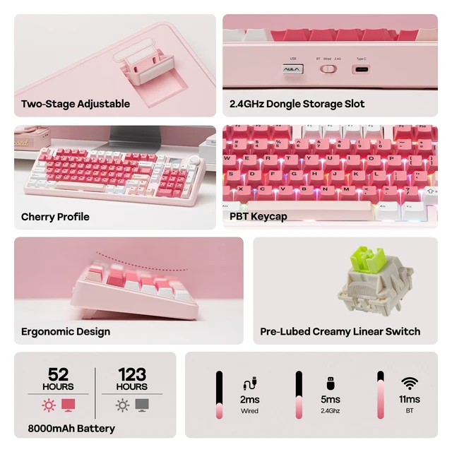 Alt view image 3 of 7 - Aula F99 MAX Wireless Mechanical Keyboard, Smart Screen & Knob | 8000mAh, 2.4Ghz/BT Creamy Keyboard, Pre-Lubed Switch, Hot-Swappable, RGB Backlit, Custom Software (Pink)