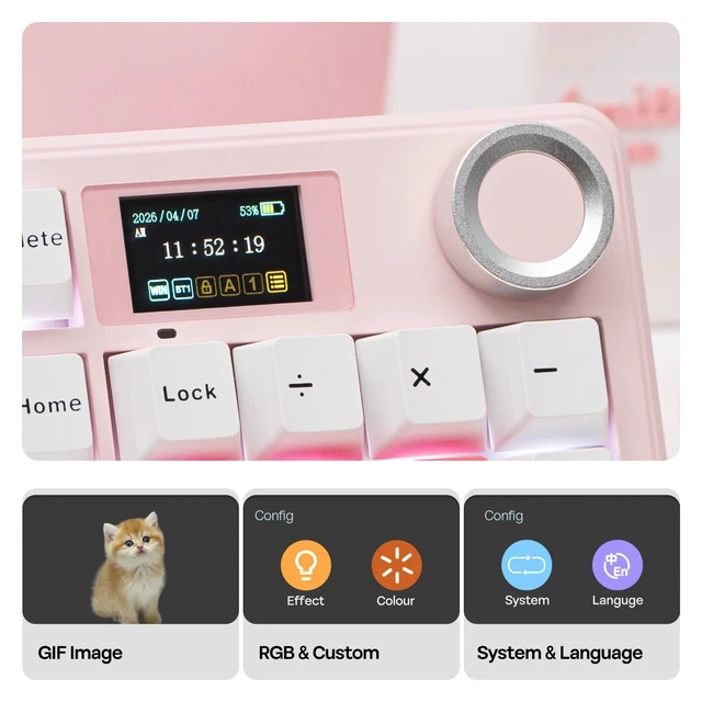 Alt view image 4 of 7 - Aula F99 MAX Wireless Mechanical Keyboard, Smart Screen & Knob | 8000mAh, 2.4Ghz/BT Creamy Keyboard, Pre-Lubed Switch, Hot-Swappable, RGB Backlit, Custom Software (Pink)