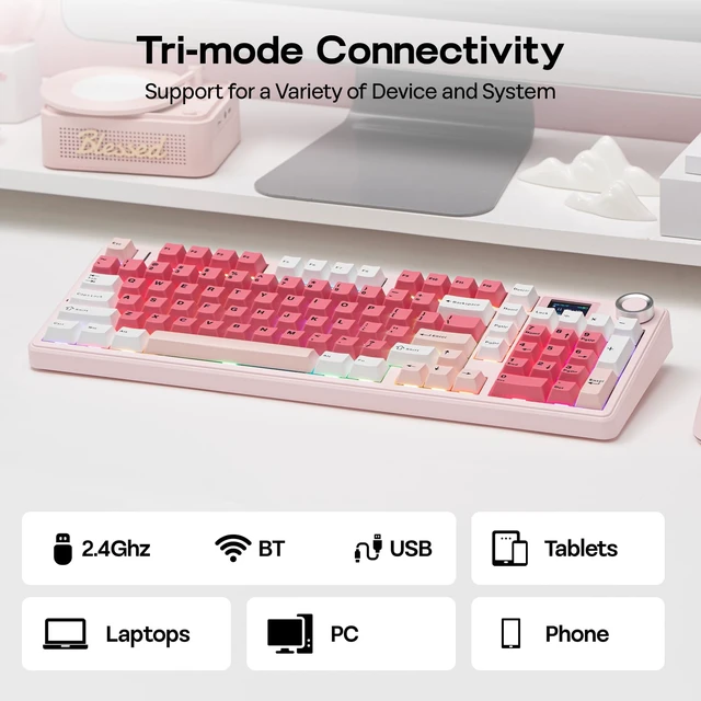 Alt view image 5 of 7 - Aula F99 MAX Wireless Mechanical Keyboard, Smart Screen & Knob | 8000mAh, 2.4Ghz/BT Creamy Keyboard, Pre-Lubed Switch, Hot-Swappable, RGB Backlit, Custom Software (Pink)