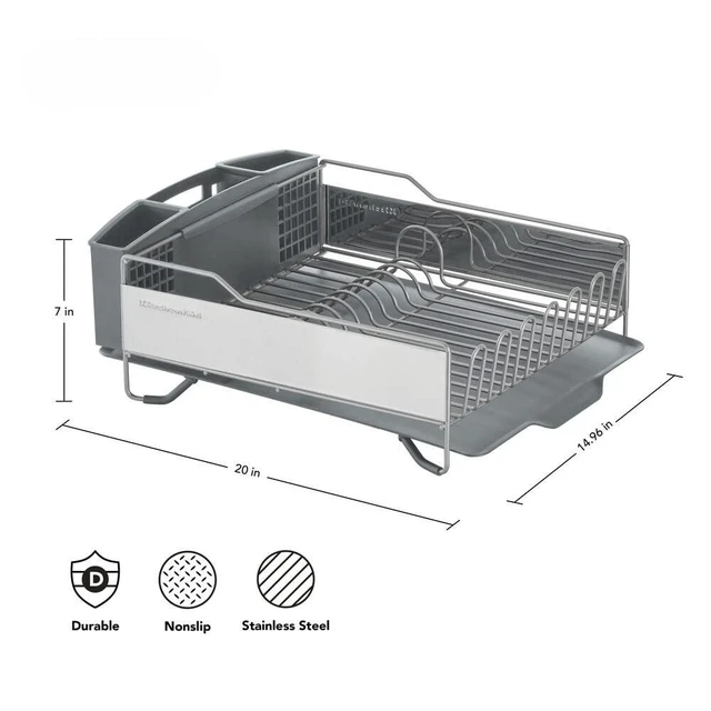 Alt view image 3 of 7 - Large Capacity Full Size Rust Resistant Dish Rack with Angled Drain Board and Removable Flatware Caddy, Light Grey
