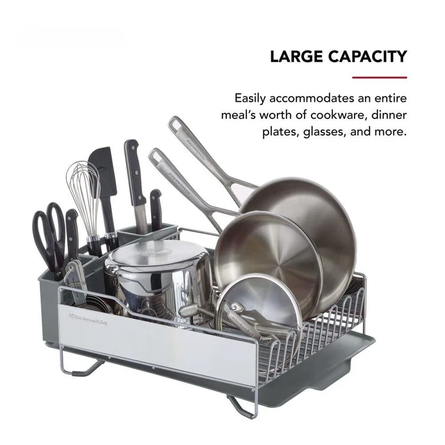 Alt view image 5 of 7 - Large Capacity Full Size Rust Resistant Dish Rack with Angled Drain Board and Removable Flatware Caddy, Light Grey