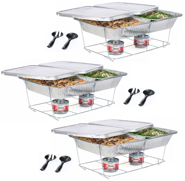 Main image of Disposable Chafing Dish Buffet Set With 6-Hour Fuel, 30 Piece | 3 full-size buffet setups with 6 fuel cans, 3 water pans, 6 half-size food pans, 6 lids, 3 wire racks, and serving utensils