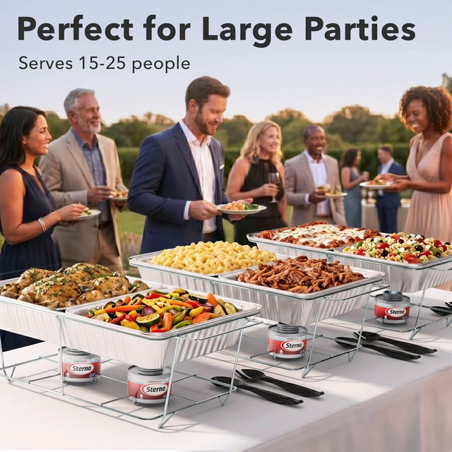 Alt view image 2 of 7 - Disposable Chafing Dish Buffet Set With 6-Hour Fuel, 30 Piece | 3 full-size buffet setups with 6 fuel cans, 3 water pans, 6 half-size food pans, 6 lids, 3 wire racks, and serving utensils