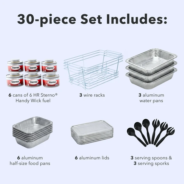 Alt view image 3 of 7 - Disposable Chafing Dish Buffet Set With 6-Hour Fuel, 30 Piece | 3 full-size buffet setups with 6 fuel cans, 3 water pans, 6 half-size food pans, 6 lids, 3 wire racks, and serving utensils