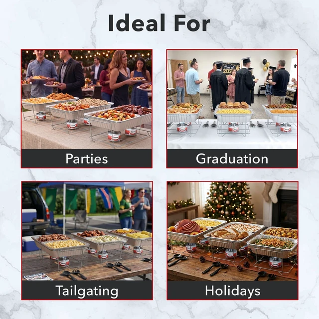 Alt view image 7 of 7 - Disposable Chafing Dish Buffet Set With 6-Hour Fuel, 30 Piece | 3 full-size buffet setups with 6 fuel cans, 3 water pans, 6 half-size food pans, 6 lids, 3 wire racks, and serving utensils