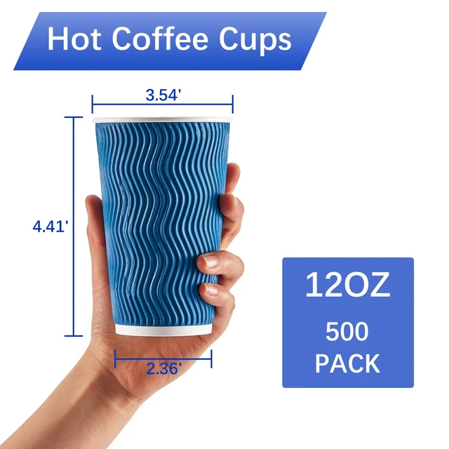 Alt view image 2 of 6 - 500 Count 12 oz Insulated Disposable Paper Coffee Cups Bulk No Lids | Corrugated Cups 12oz, Kraft Ripple Wall Design for Hot Beverage or Cold Drink Office Home Party Travel Cafe (Navy)