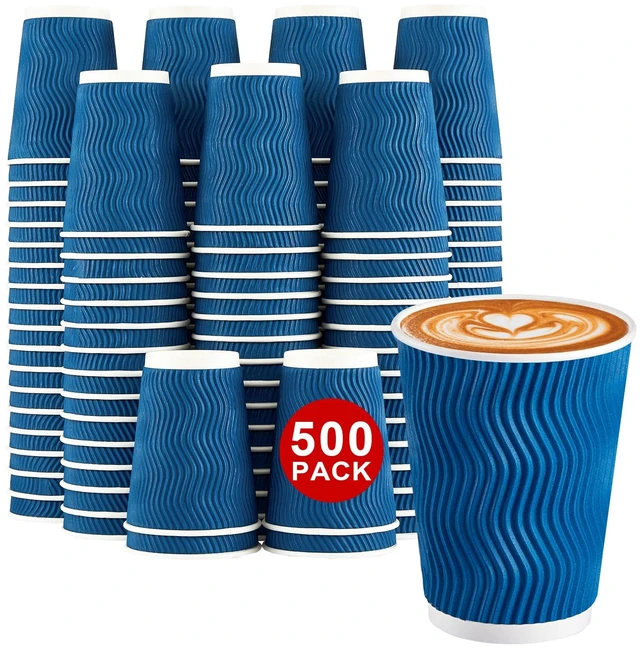 Main image of 500 Count 12 oz Insulated Disposable Paper Coffee Cups Bulk No Lids | Corrugated Cups 12oz, Kraft Ripple Wall Design for Hot Beverage or Cold Drink Office Home Party Travel Cafe (Navy)