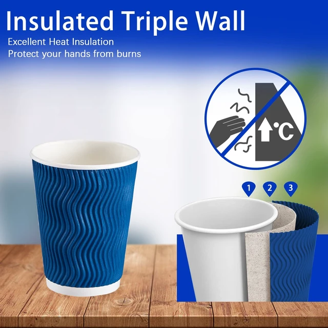 Alt view image 3 of 6 - 500 Count 12 oz Insulated Disposable Paper Coffee Cups Bulk No Lids | Corrugated Cups 12oz, Kraft Ripple Wall Design for Hot Beverage or Cold Drink Office Home Party Travel Cafe (Navy)