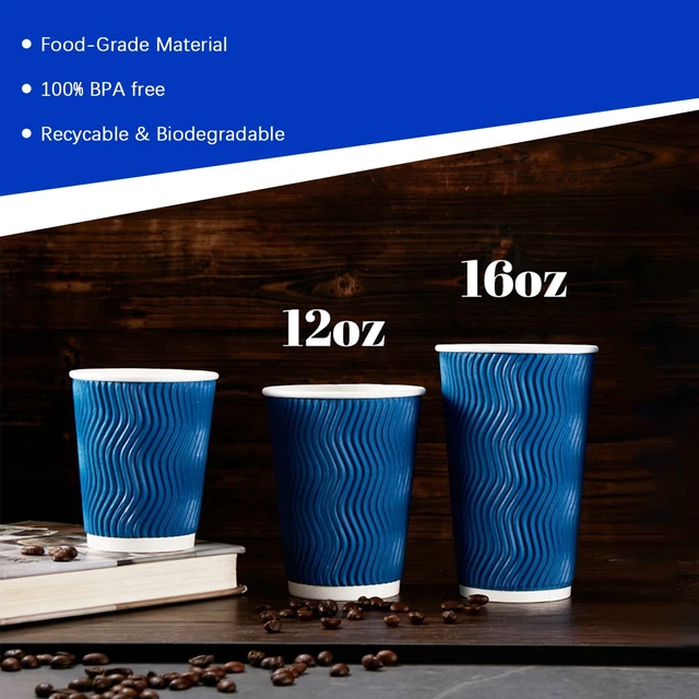 Alt view image 5 of 6 - 500 Count 12 oz Insulated Disposable Paper Coffee Cups Bulk No Lids | Corrugated Cups 12oz, Kraft Ripple Wall Design for Hot Beverage or Cold Drink Office Home Party Travel Cafe (Navy)