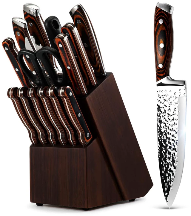 Main image of 15 Pieces Kitchen Knife Set with Block and Sharpener | Hammered Collection, Japan Stainless Steel, with 6Pcs Steak Knives