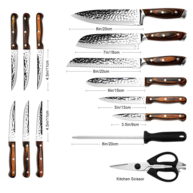 Alt view image 2 of 7 - 15 Pieces Kitchen Knife Set with Block and Sharpener | Hammered Collection, Japan Stainless Steel, with 6Pcs Steak Knives