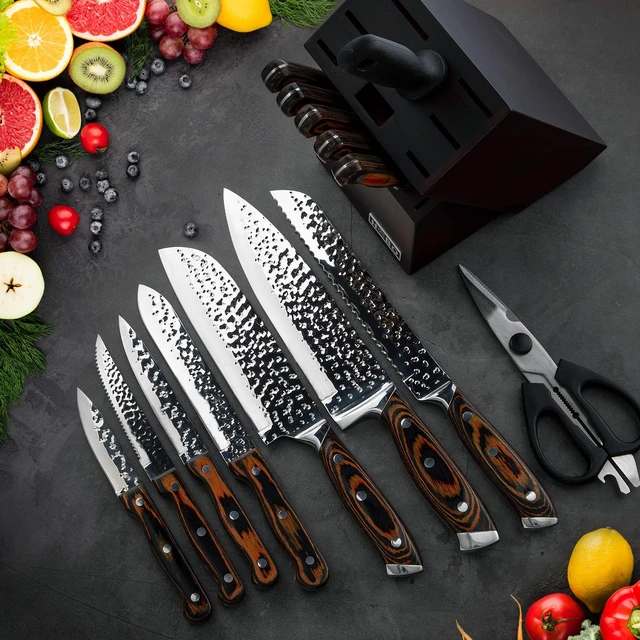 Alt view image 7 of 7 - 15 Pieces Kitchen Knife Set with Block and Sharpener | Hammered Collection, Japan Stainless Steel, with 6Pcs Steak Knives