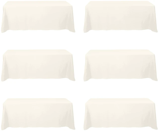 Main image of 6 Pack Ivory Tablecloths 90x156 Inch for 8ft Rectangle Tables | 150 GSM Polyester Fabric, Floor Length Drop, Water, Stain & Wrinkle Resistant Cloth Cover for Wedding Reception Banquet Party