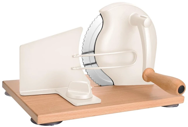 Main image of Manual Bread Slicer for Sourdough, Adjustable Hand Crank, White | Adjustable thickness, stainless steel blade and strong suction cups for even slices of homemade bread and sourdough
