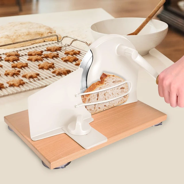 Alt view image 3 of 6 - Manual Bread Slicer for Sourdough, Adjustable Hand Crank, White | Adjustable thickness, stainless steel blade and strong suction cups for even slices of homemade bread and sourdough