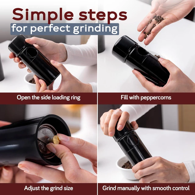 Alt view image 3 of 7 - PEPPER GRINDER, by TRE SPADE,Premium Manual Pepper Grinder with Steel Burrs, Adjustable Coarseness, High-Capacity Output, ABS Plastic, 6 Inch Small Size, Made in Italy