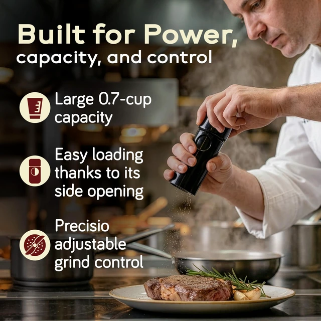 Alt view image 4 of 7 - PEPPER GRINDER, by TRE SPADE,Premium Manual Pepper Grinder with Steel Burrs, Adjustable Coarseness, High-Capacity Output, ABS Plastic, 6 Inch Small Size, Made in Italy