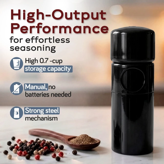 Alt view image 6 of 7 - PEPPER GRINDER, by TRE SPADE,Premium Manual Pepper Grinder with Steel Burrs, Adjustable Coarseness, High-Capacity Output, ABS Plastic, 6 Inch Small Size, Made in Italy