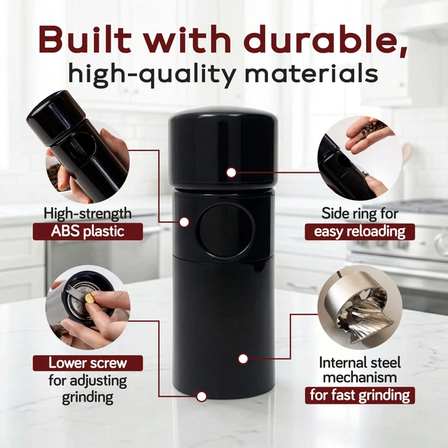 Alt view image 2 of 7 - PEPPER GRINDER, by TRE SPADE,Premium Manual Pepper Grinder with Steel Burrs, Adjustable Coarseness, High-Capacity Output, ABS Plastic, 6 Inch Small Size, Made in Italy