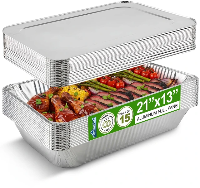 Main image of Aluminum Pans With Lids, Large Full Size 21x13x3 Disposable Foil Pans, Heavy Duty Roasting, Baking, Broiling, Catering & Chafing Pans (15, Full-Size w/Lids)