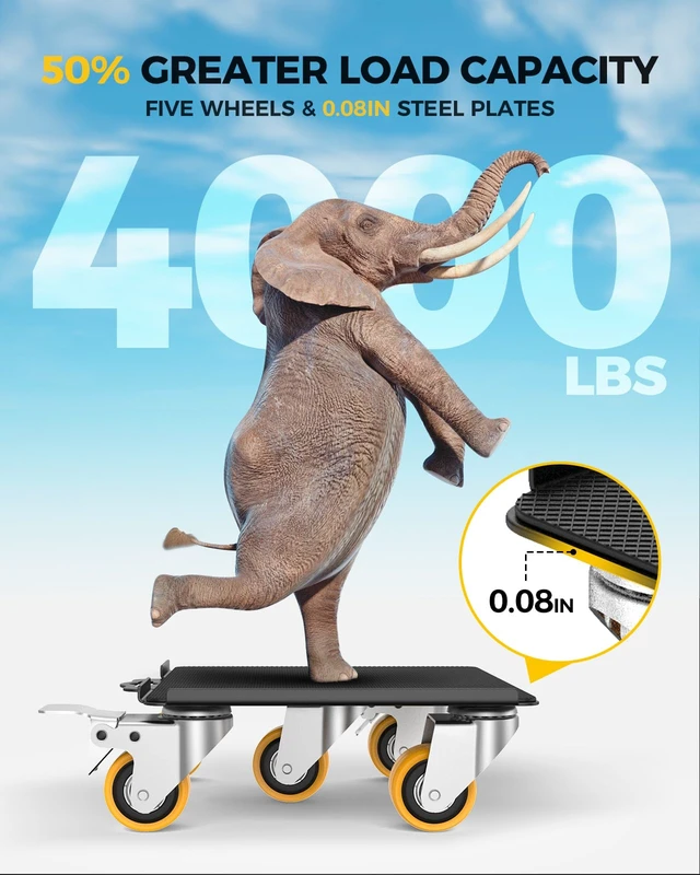 Alt view image 2 of 7 - Furniture Dolly, Furniture Movers with 5 Wheels,Carbon Steel Panel Heavy Duty Dolly, Furniture Lifter with 360° Rotatable Silent Floor-Friendly Universal Wheels, Max Load 4000LBS (6.9x6.9 in)