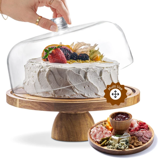Main image of Wood Cake Stand with Lid, 2-in-1 Charcuterie Board, Round dome | Acacia Wood, 12in Cake Stand with Dome, Acrylic Cake Dome Cover, Charcuterie Board for Cheese, Chips & Dips, Fruit Platter
