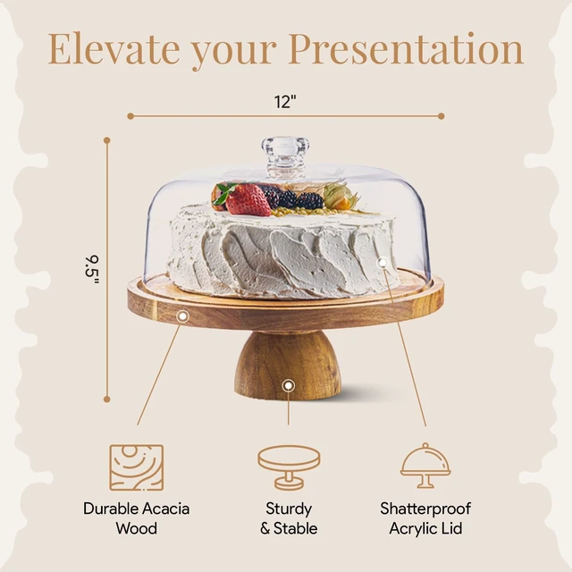 Alt view image 4 of 6 - Wood Cake Stand with Lid, 2-in-1 Charcuterie Board, Round dome | Acacia Wood, 12in Cake Stand with Dome, Acrylic Cake Dome Cover, Charcuterie Board for Cheese, Chips & Dips, Fruit Platter