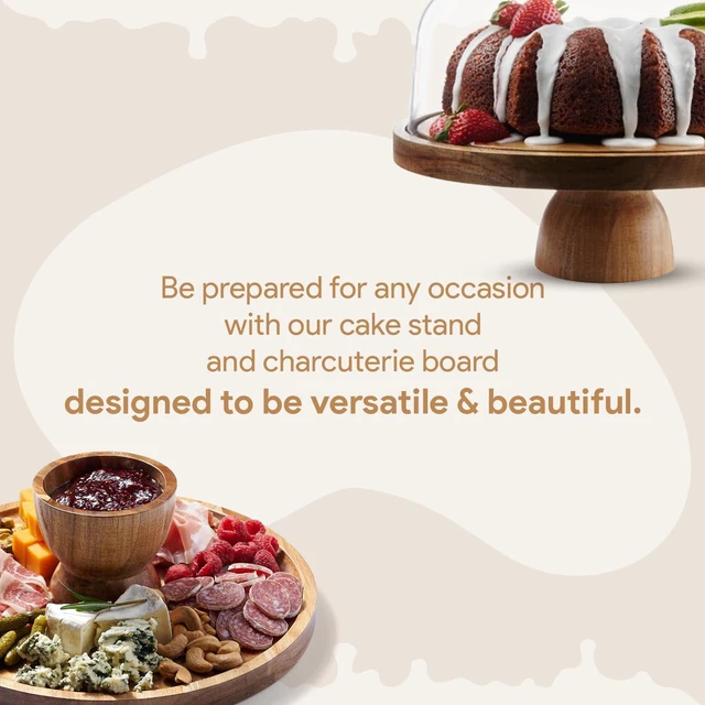 Alt view image 5 of 6 - Wood Cake Stand with Lid, 2-in-1 Charcuterie Board, Round dome | Acacia Wood, 12in Cake Stand with Dome, Acrylic Cake Dome Cover, Charcuterie Board for Cheese, Chips & Dips, Fruit Platter