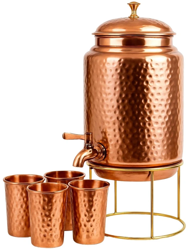 Main image of Pure Copper Hammered Water Dispenser Storage Water Tank with Tap and set of 4 Copper Glass | Water Pot | Cooper Water Storage Tank | 6.5 Ltr Capacity | 218 Oz