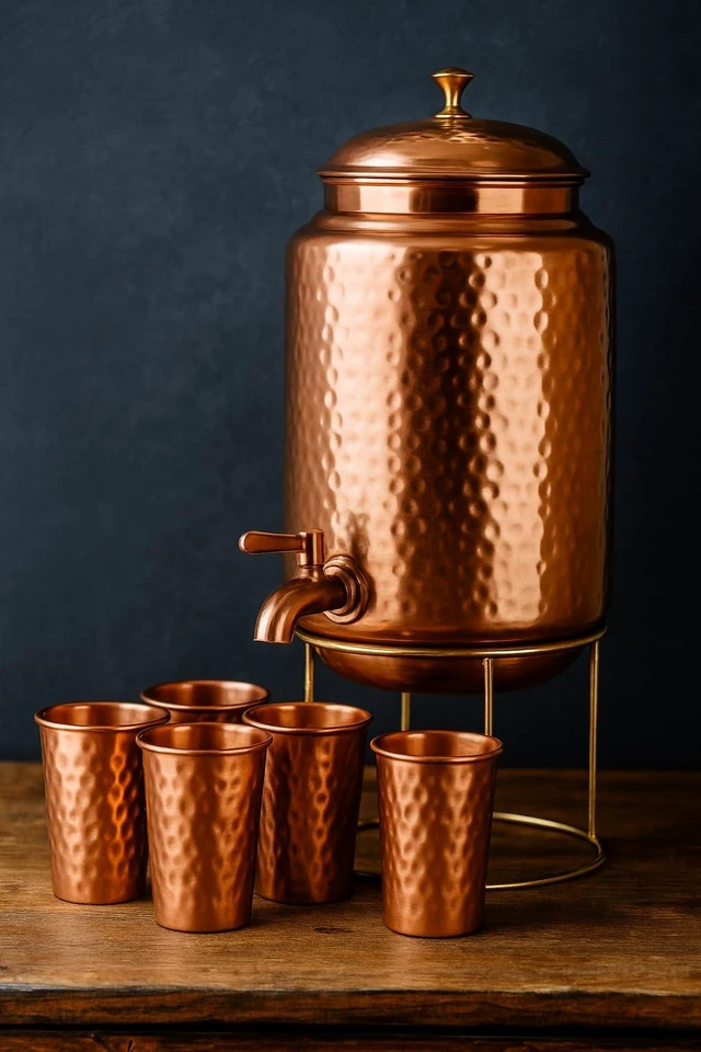 Alt view image 3 of 7 - Pure Copper Hammered Water Dispenser Storage Water Tank with Tap and set of 4 Copper Glass | Water Pot | Cooper Water Storage Tank | 6.5 Ltr Capacity | 218 Oz