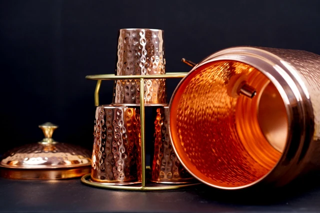 Alt view image 4 of 7 - Pure Copper Hammered Water Dispenser Storage Water Tank with Tap and set of 4 Copper Glass | Water Pot | Cooper Water Storage Tank | 6.5 Ltr Capacity | 218 Oz