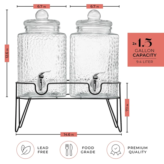 Alt view image 3 of 7 - Glass Beverage Drink Dispenser w/Metal Stand Set of 2, 1.5 Gal | Elevated Metal Base Pair Featuring Spigots Chalkboard Label & Extra Spout for Parties Weddings and Events, Daily Everyday Use