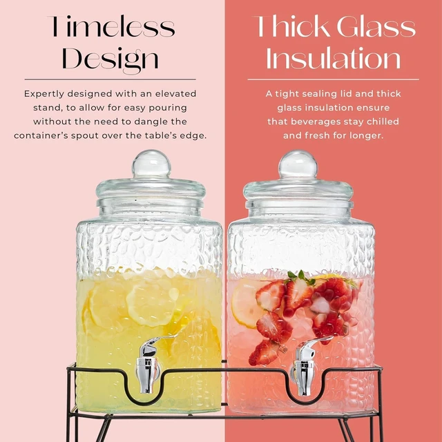 Alt view image 5 of 7 - Glass Beverage Drink Dispenser w/Metal Stand Set of 2, 1.5 Gal | Elevated Metal Base Pair Featuring Spigots Chalkboard Label & Extra Spout for Parties Weddings and Events, Daily Everyday Use