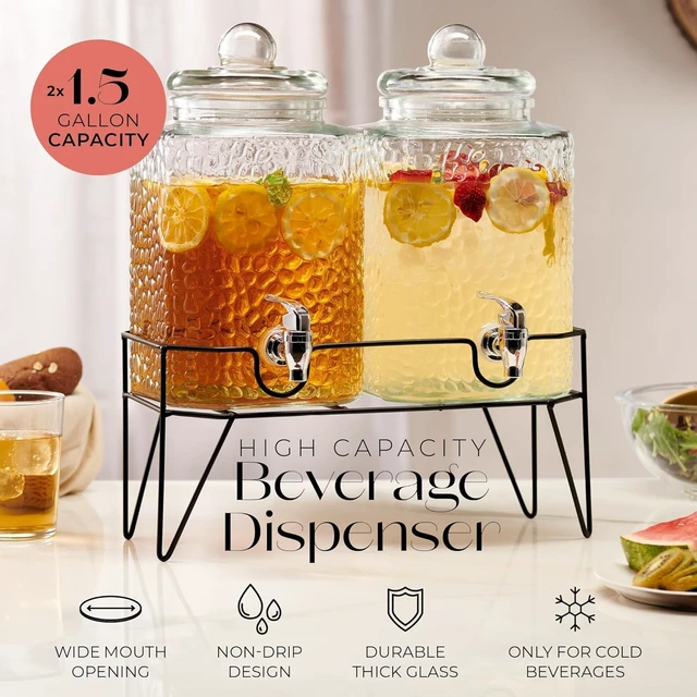 Alt view image 4 of 7 - Glass Beverage Drink Dispenser w/Metal Stand Set of 2, 1.5 Gal | Elevated Metal Base Pair Featuring Spigots Chalkboard Label & Extra Spout for Parties Weddings and Events, Daily Everyday Use