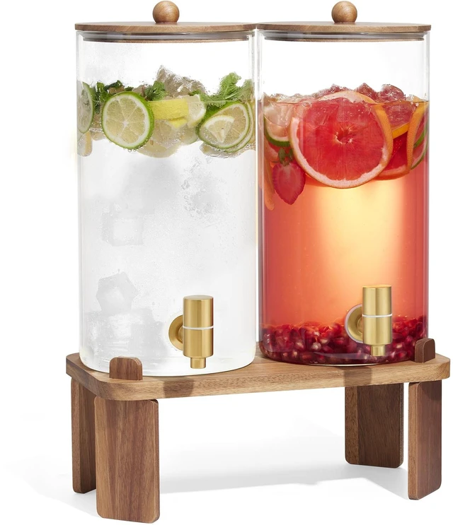 Main image of 2pcs 1.5 Gallon Glass Drink Dispenser with Wood Stand | 6L large Capacity,Beverage Dispenser with Stainless Steel Spigot,Ideal for Lemonade/Juice/Sun Tea/Party Drinks