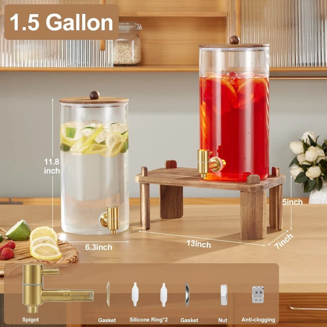Alt view image 2 of 7 - 2pcs 1.5 Gallon Glass Drink Dispenser with Wood Stand | 6L large Capacity,Beverage Dispenser with Stainless Steel Spigot,Ideal for Lemonade/Juice/Sun Tea/Party Drinks