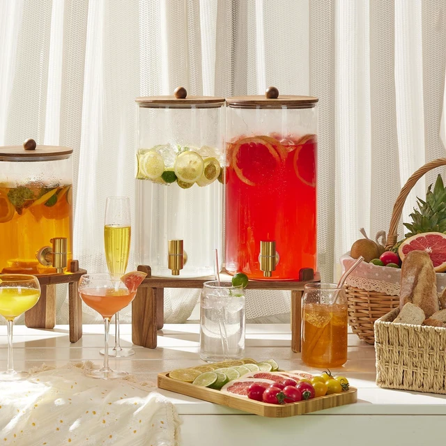 Alt view image 3 of 7 - 2pcs 1.5 Gallon Glass Drink Dispenser with Wood Stand | 6L large Capacity,Beverage Dispenser with Stainless Steel Spigot,Ideal for Lemonade/Juice/Sun Tea/Party Drinks